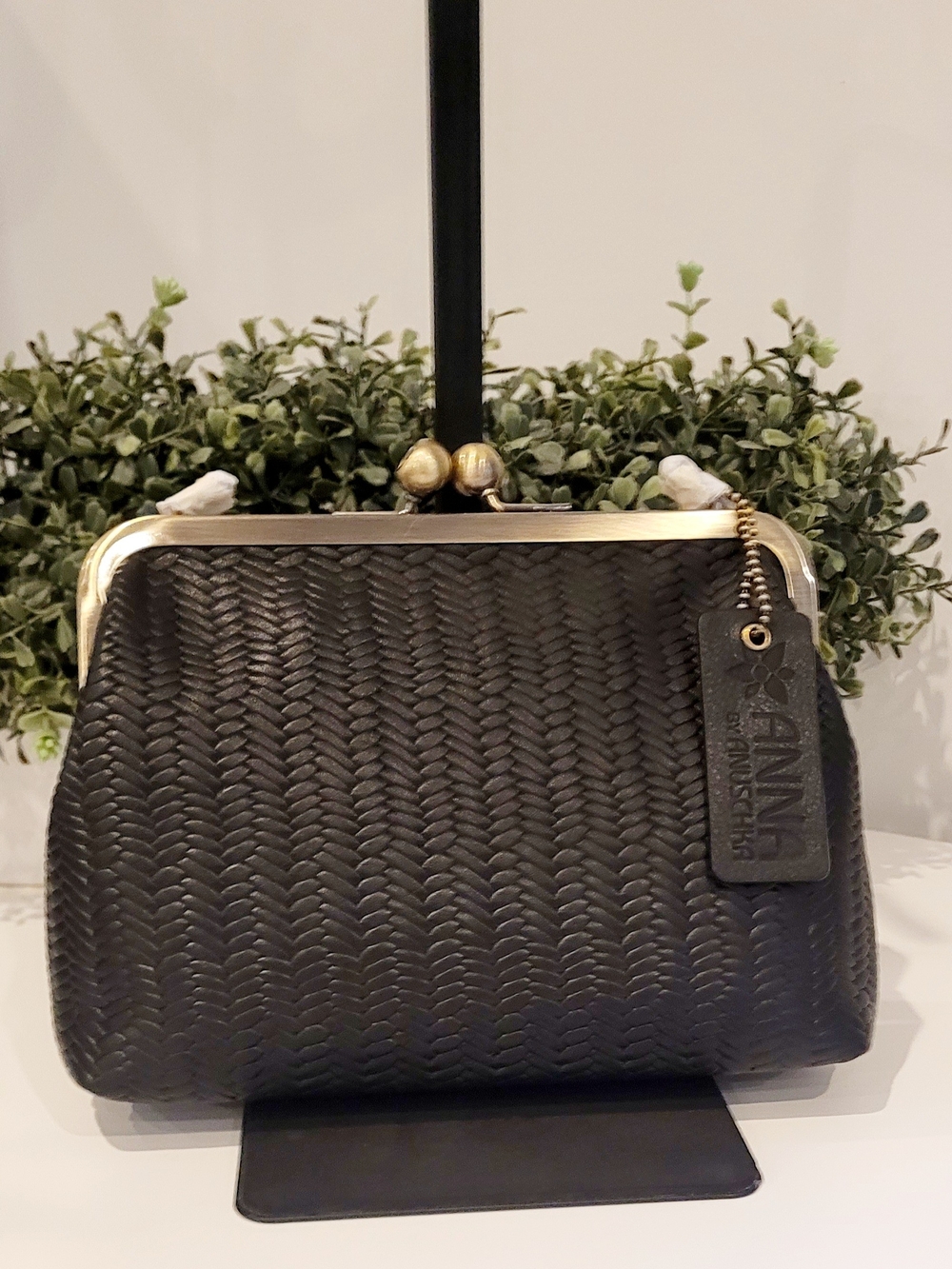 Anuschka Woven Black Leather Kisslock Clutch